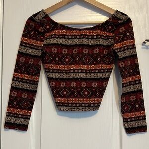 Forever 21 Burgundy and Black Geometric Crop  Long Sleeve Top